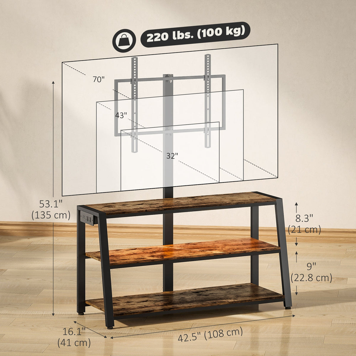 Bay TV Stand with Swivel Mount, Power Outlet and LED Lights for 32-70" TVs-Rustic Brown