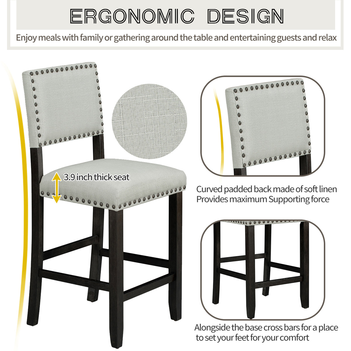 Espresso 5-Piece Counter Height Dining Set – Solid Wood Table with Upholstered Chairs