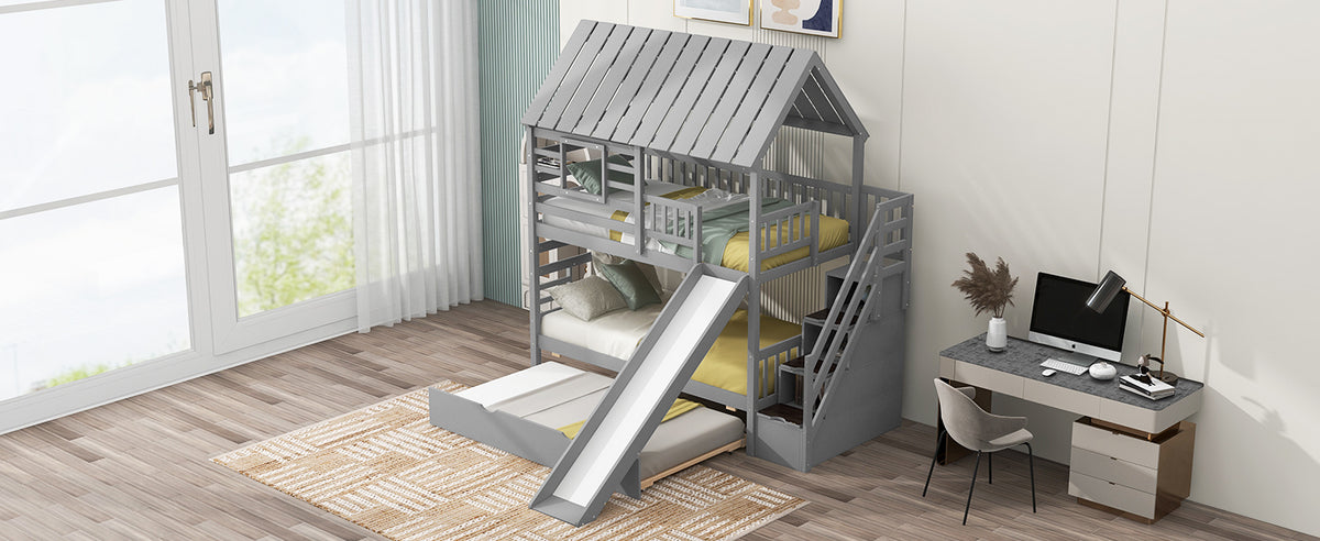 Twin Bunk Bed with Roof and Ladder Gray