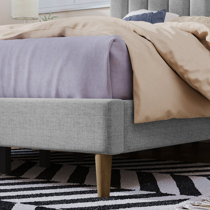 Upholstered Platform Bed with Vertical Channel Headboard Gray