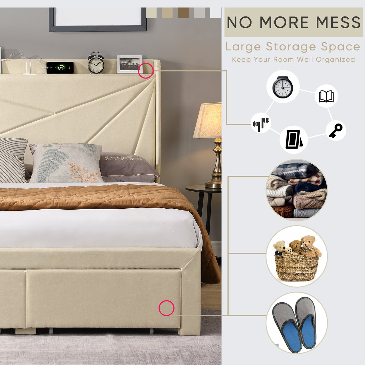 Full Size Upholstered Bed with Drawers – Beige