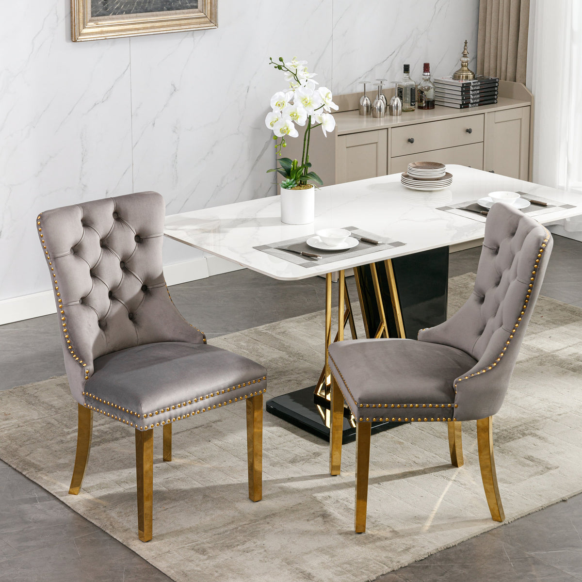 Tufted Velvet Dining Chair Set (2 pcs) – Gray & Gold Legs