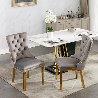 Tufted Velvet Dining Chair Set (2 pcs) – Gray & Gold Legs