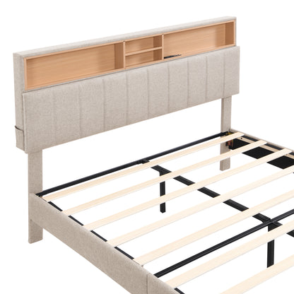 Queen Linen Platform Bed with Storage Beige
