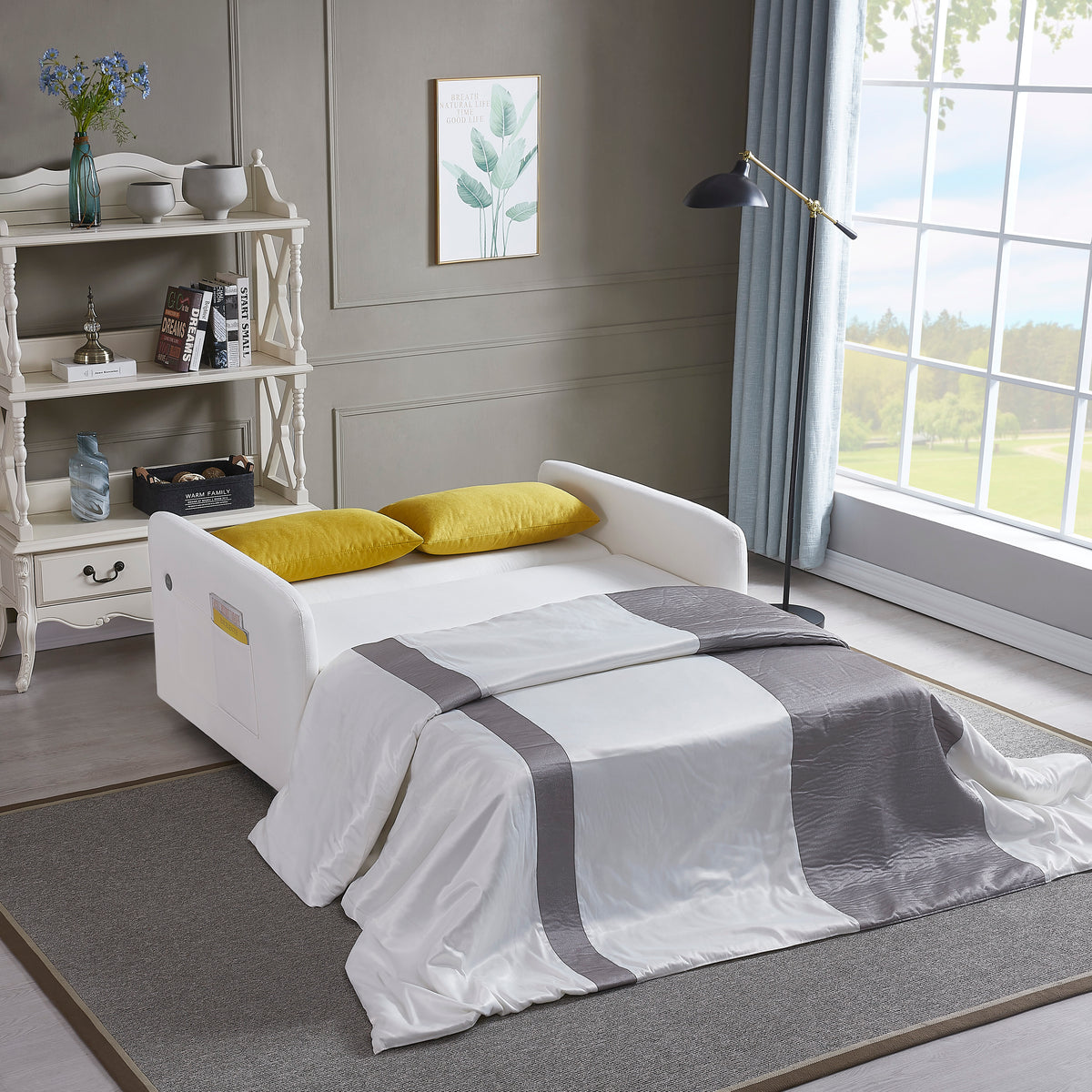 Cream Convertible Sofa Bed – Twin Size Sleeper with Storage