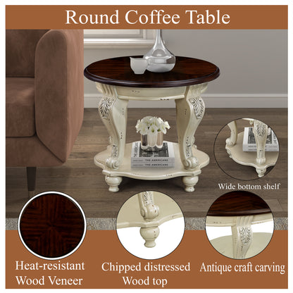 Antique White Round End Table – 22" Solid Rubberwood with Cabriole Legs & Shelf