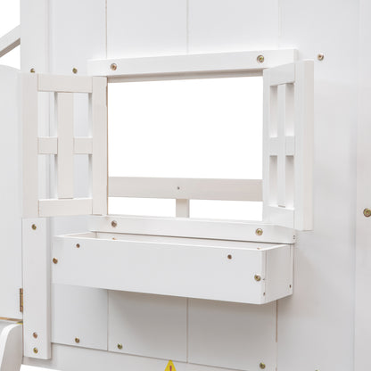 Twin House Bunk Bed with Ladder White