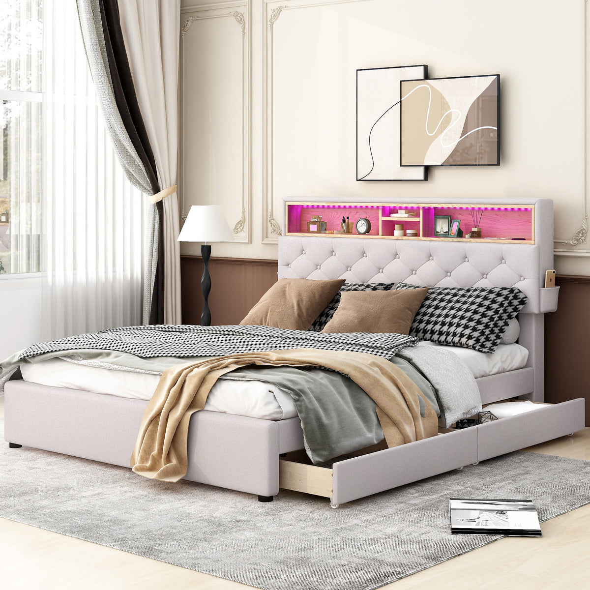 Queen LED Upholstered Storage Bed – Beige