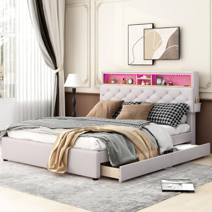 Queen LED Upholstered Storage Bed – Beige