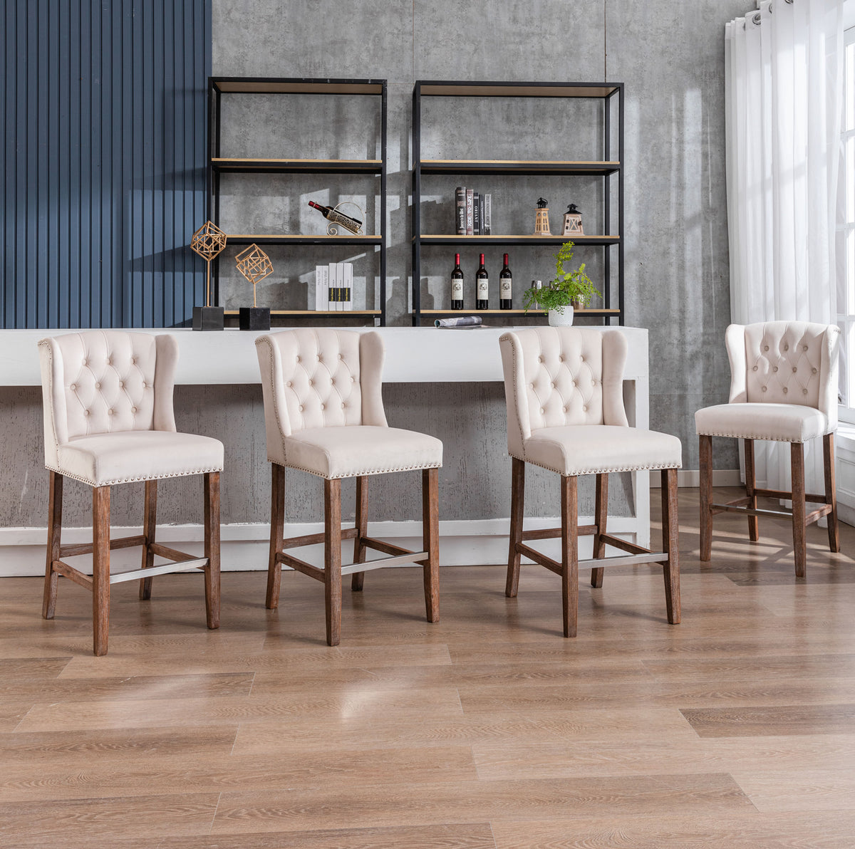 Upholstered Counter Bar Stools Set of 2 Beige