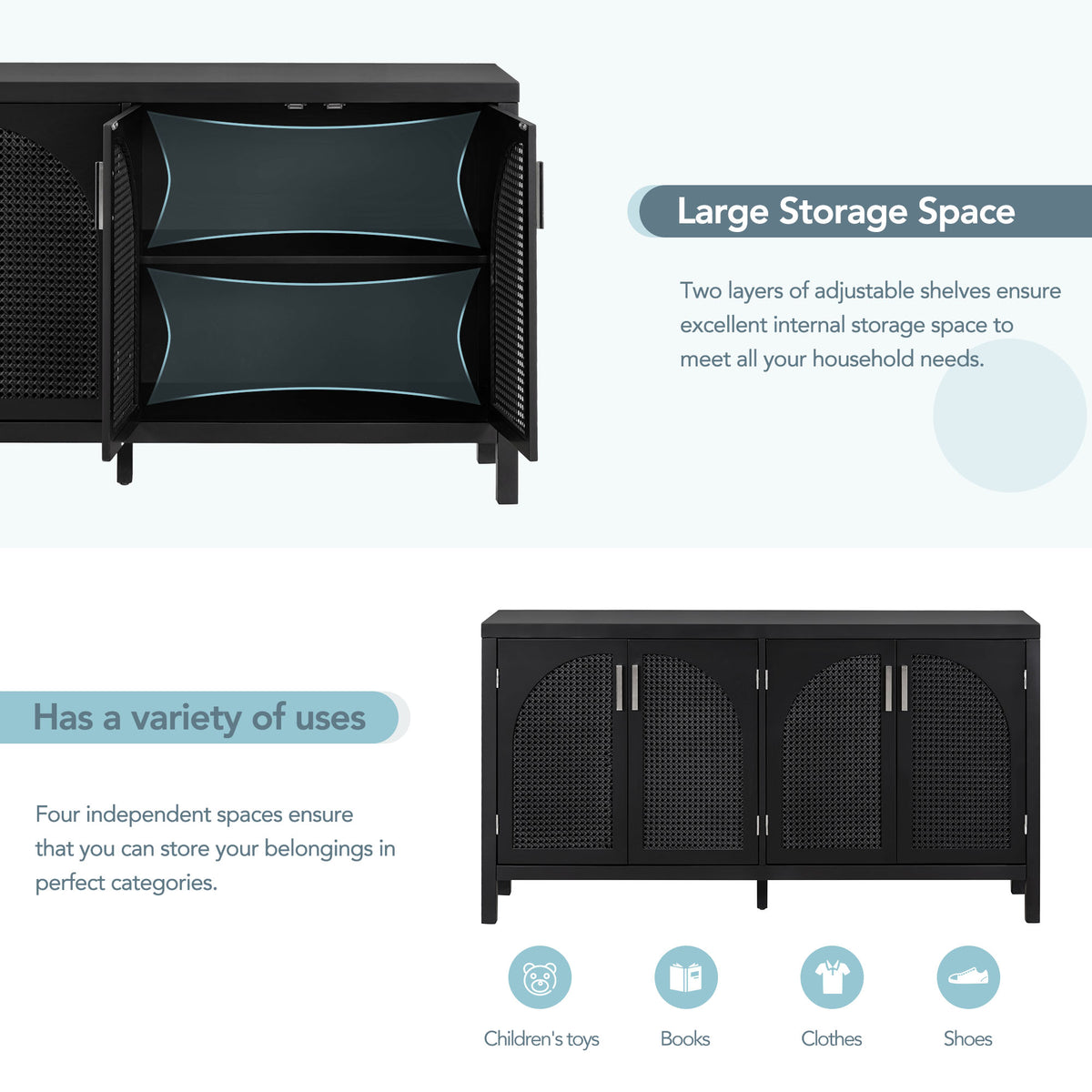 Storage Sideboard with Rattan Doors Black