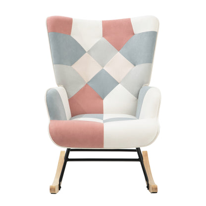 Mid-Century Patchwork Rocking Chair with Ottoman – Wood Legs