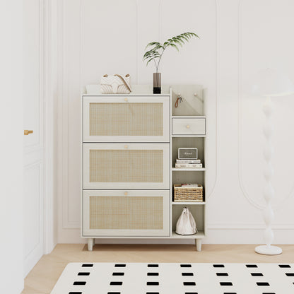 Bohemian Shoe Cabinet with Rattan Shelves White