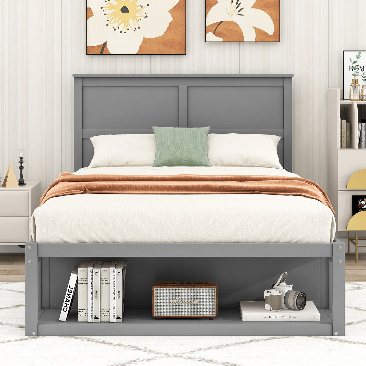 Full Platform Bed with Drawers – Gray Finish