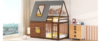Twin Bunk Bed with Roof Windows Gray