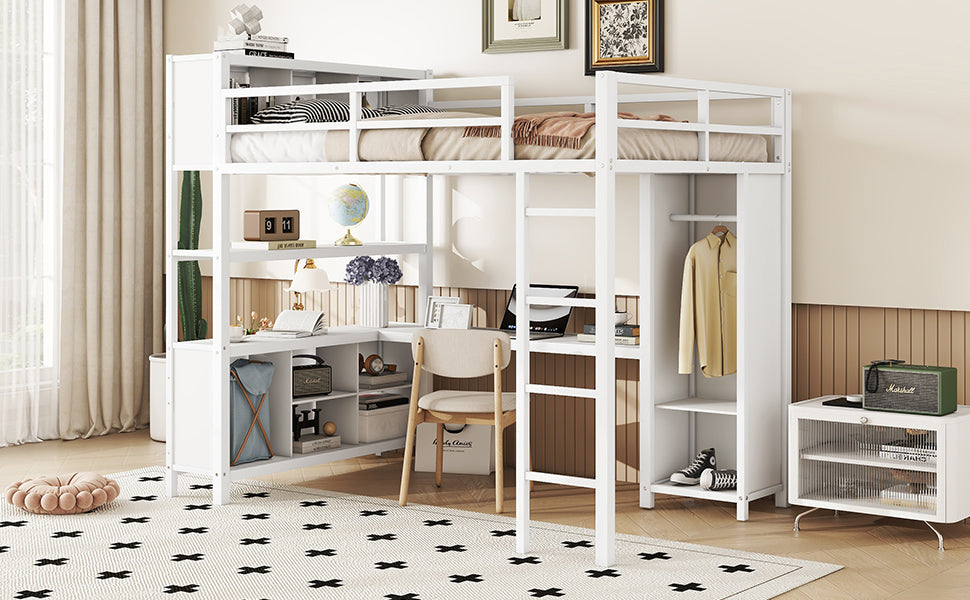 Full Loft Bed with Wardrobe and Shelf White