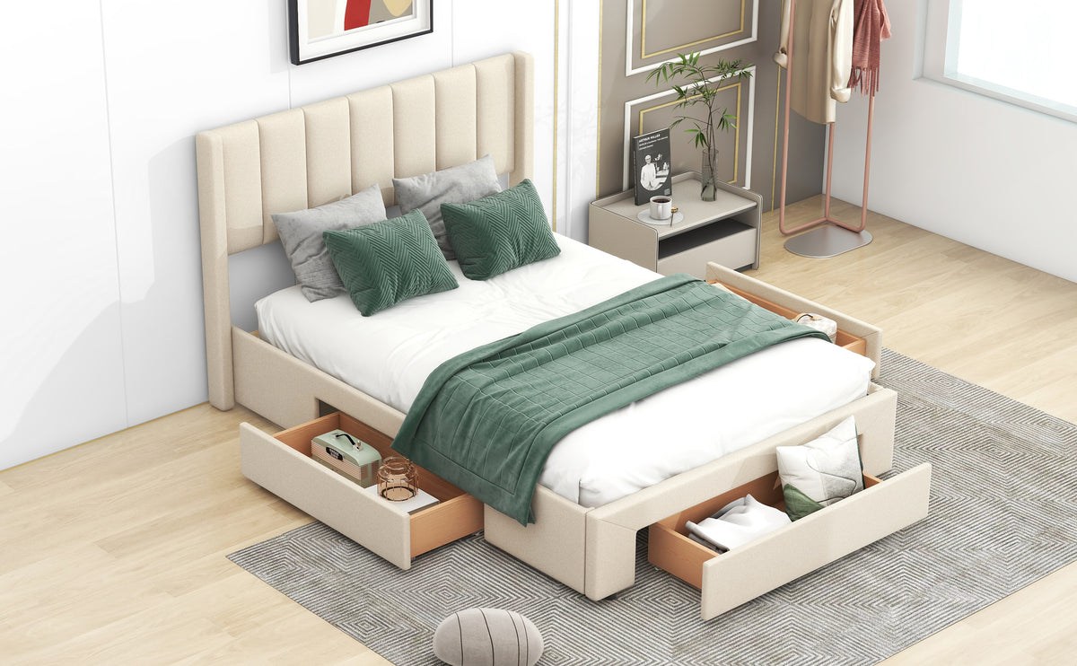 Upholstered Platform Bed with Drawers Beige