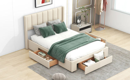Upholstered Platform Bed with Drawers Beige