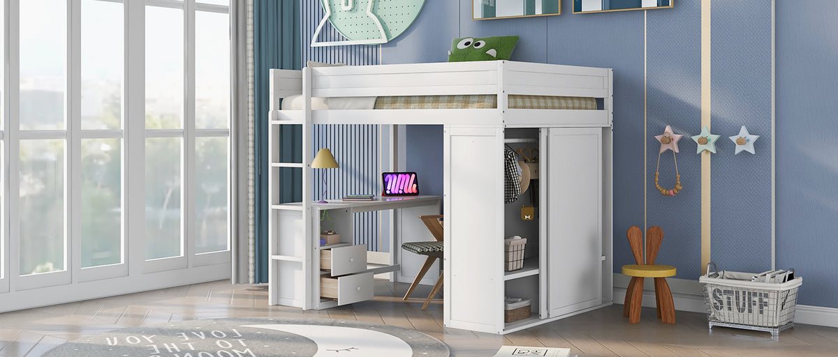 Full-Size Loft Bed with Wardrobe and Drawers White