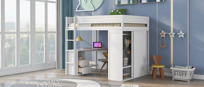 Full-Size Loft Bed with Wardrobe and Drawers White