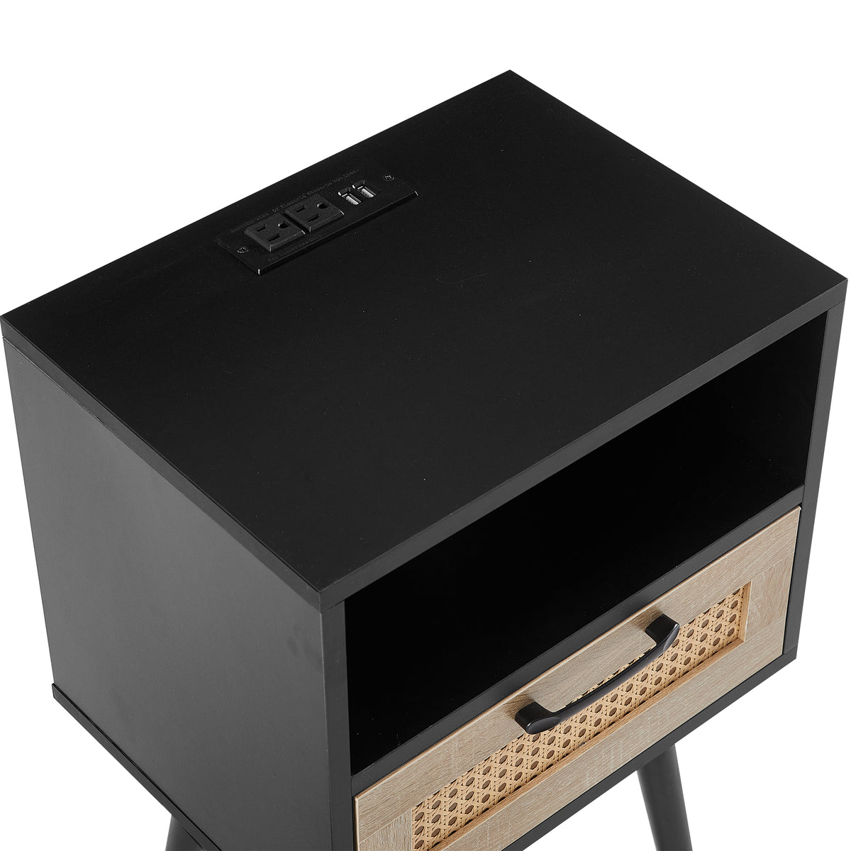 Rattan End Table with Drawer Black Legs