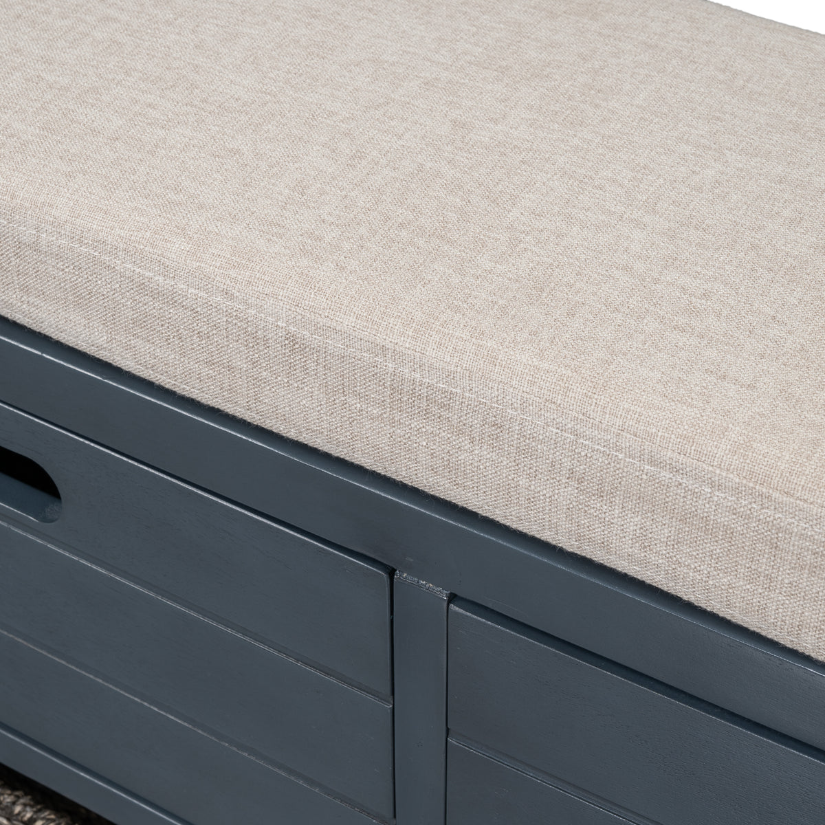 Navy Storage Bench with Rattan Basket