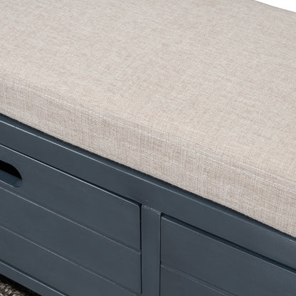 Navy Storage Bench with Rattan Basket