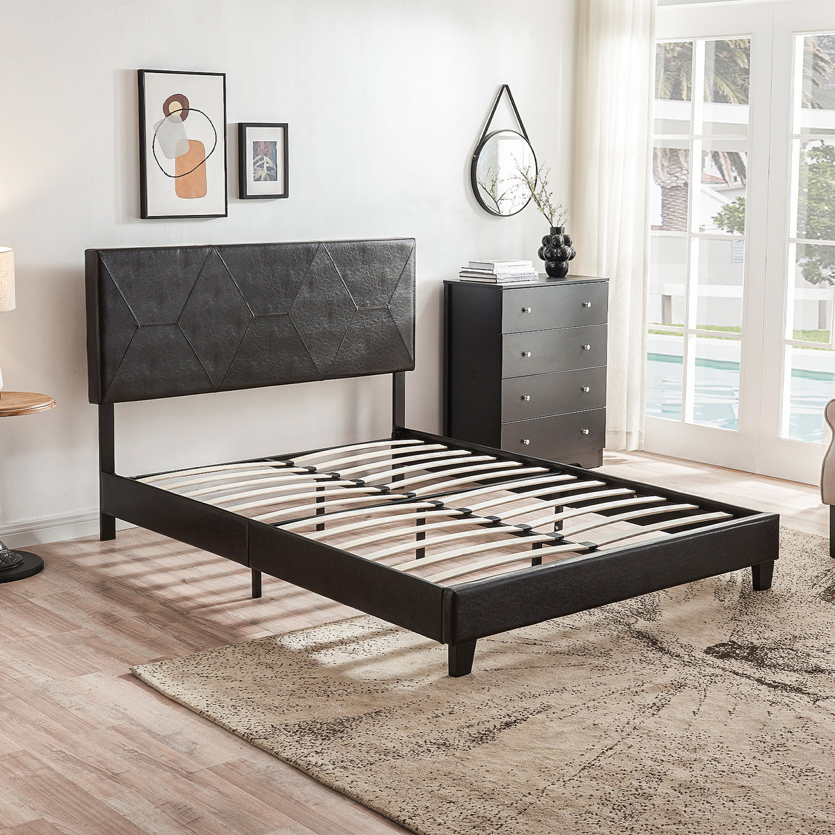Queen Upholstered Platform Bed – Black Faux Leather