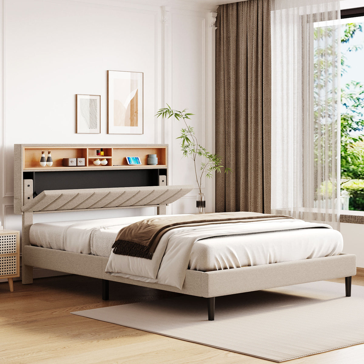 Queen Linen Platform Bed with Storage Beige