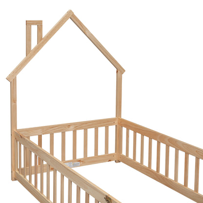Metal House Floor Bed with Fence – Natural