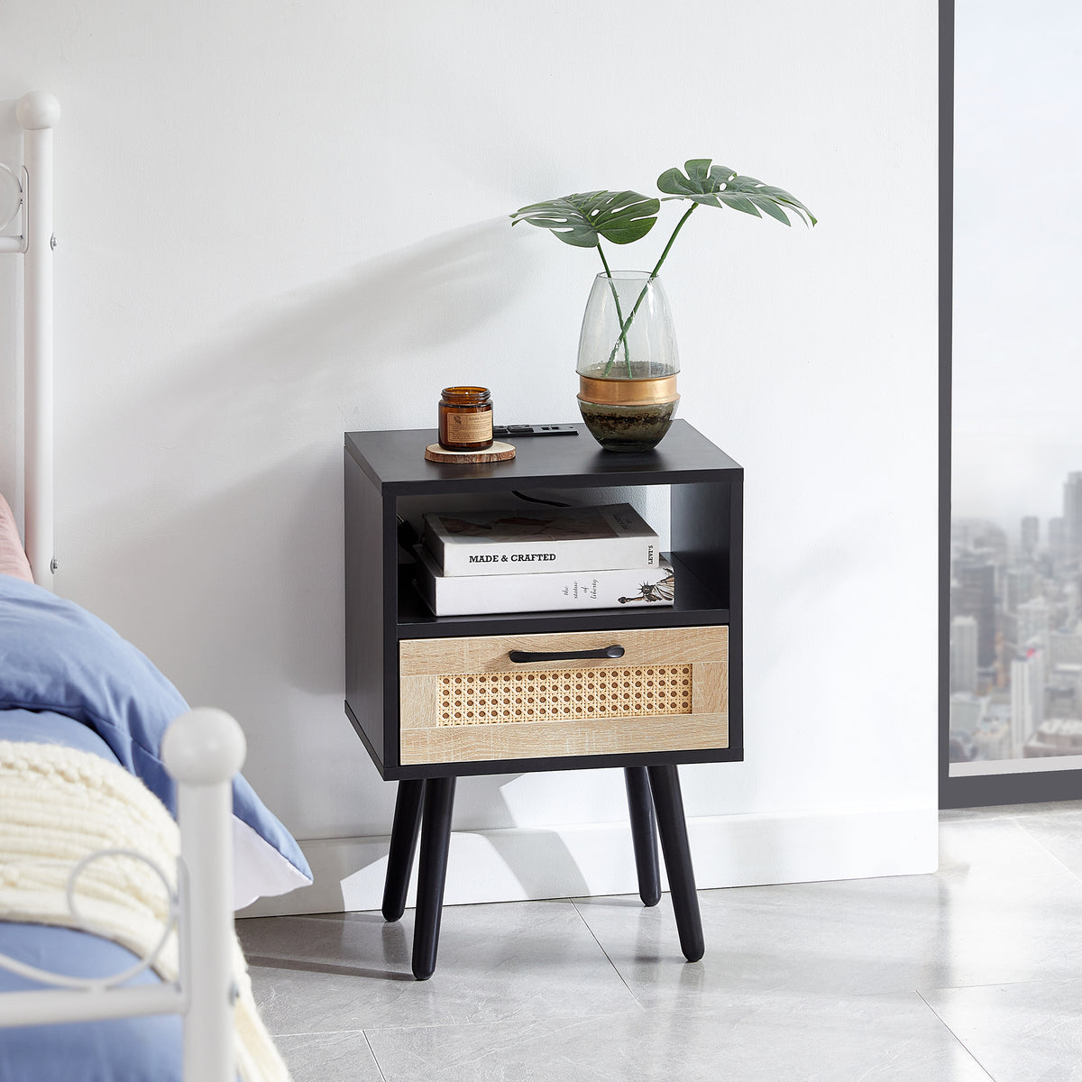 Rattan End Table with Drawer Black Legs