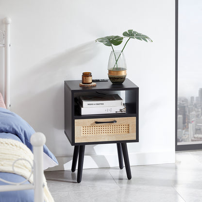 Rattan End Table with Drawer Black Legs