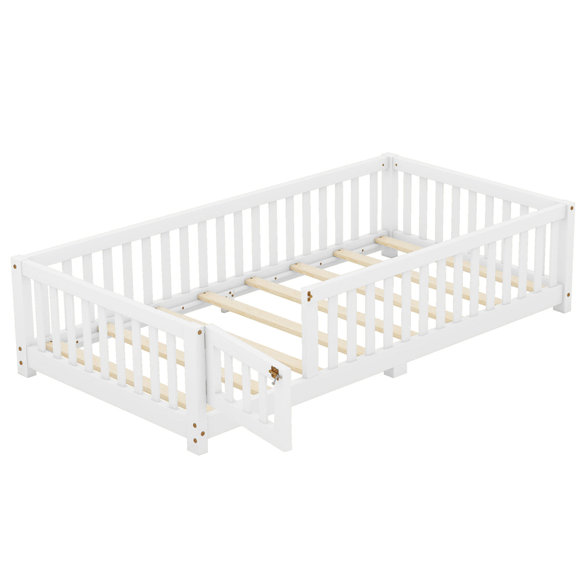 Twin Floor Bed with Guardrails White