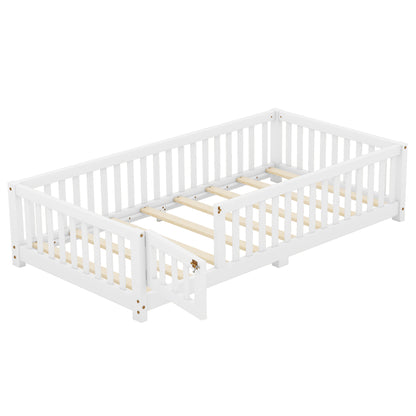 Twin Floor Bed with Guardrails White