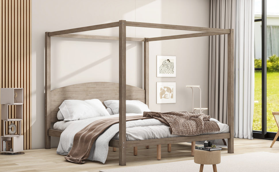 Canopy Platform Bed with Headboard Brown Wash
