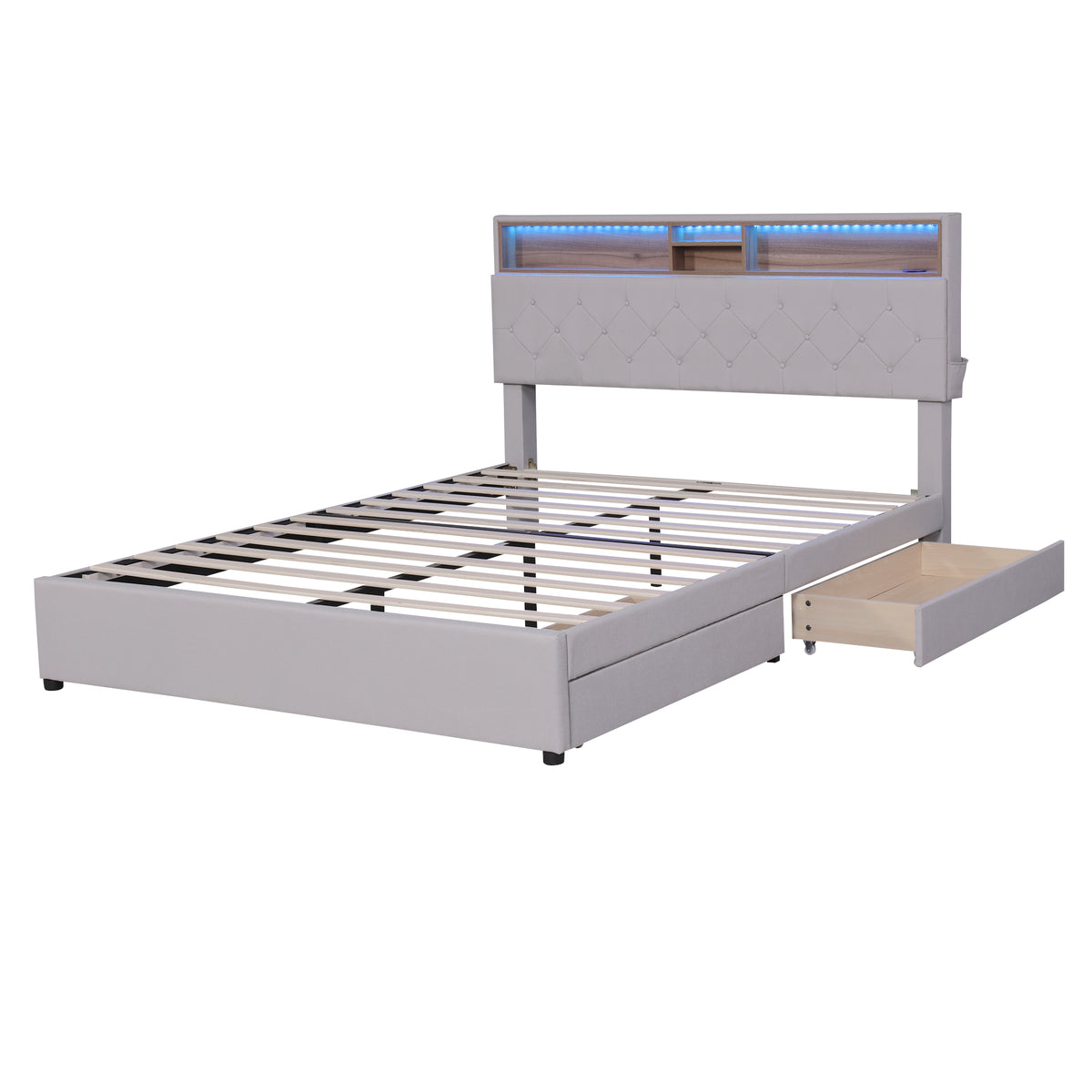 Queen LED Upholstered Storage Bed – Beige