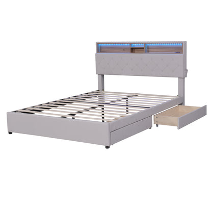Queen LED Upholstered Storage Bed – Beige
