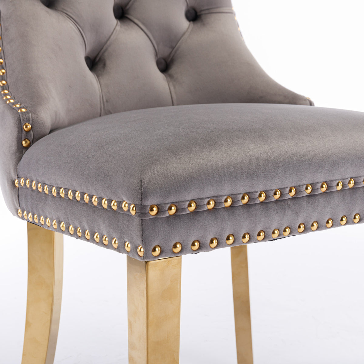 Tufted Velvet Dining Chair Set (2 pcs) – Gray & Gold Legs
