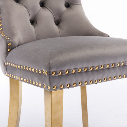 Tufted Velvet Dining Chair Set (2 pcs) – Gray & Gold Legs