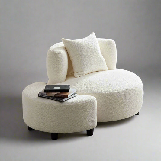 Beige Teddy Fabric Accent Chair with Ottoman – Ergonomic Lounge Set