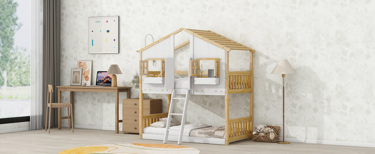 Twin House Bunk Bed Natural White