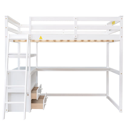 Full Loft Bed with Desk and Drawers White