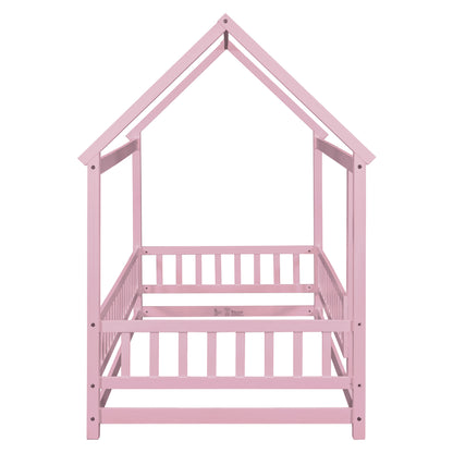 Twin Floor Bed with Fence Guardrails Pink