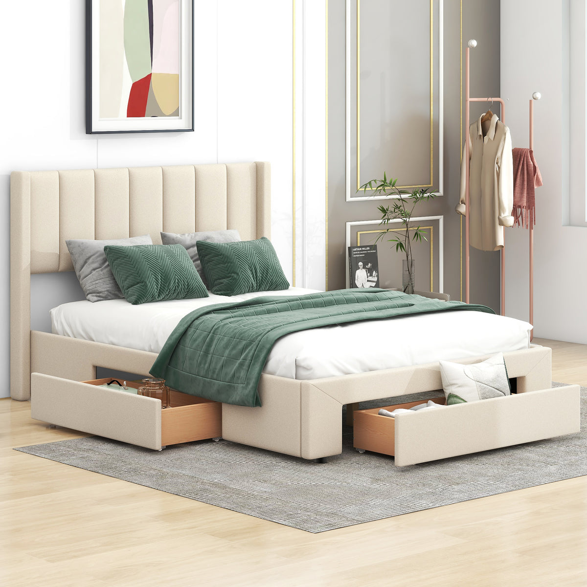 Upholstered Platform Bed with Drawers Beige