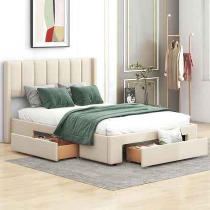 Upholstered Platform Bed with Drawers Beige