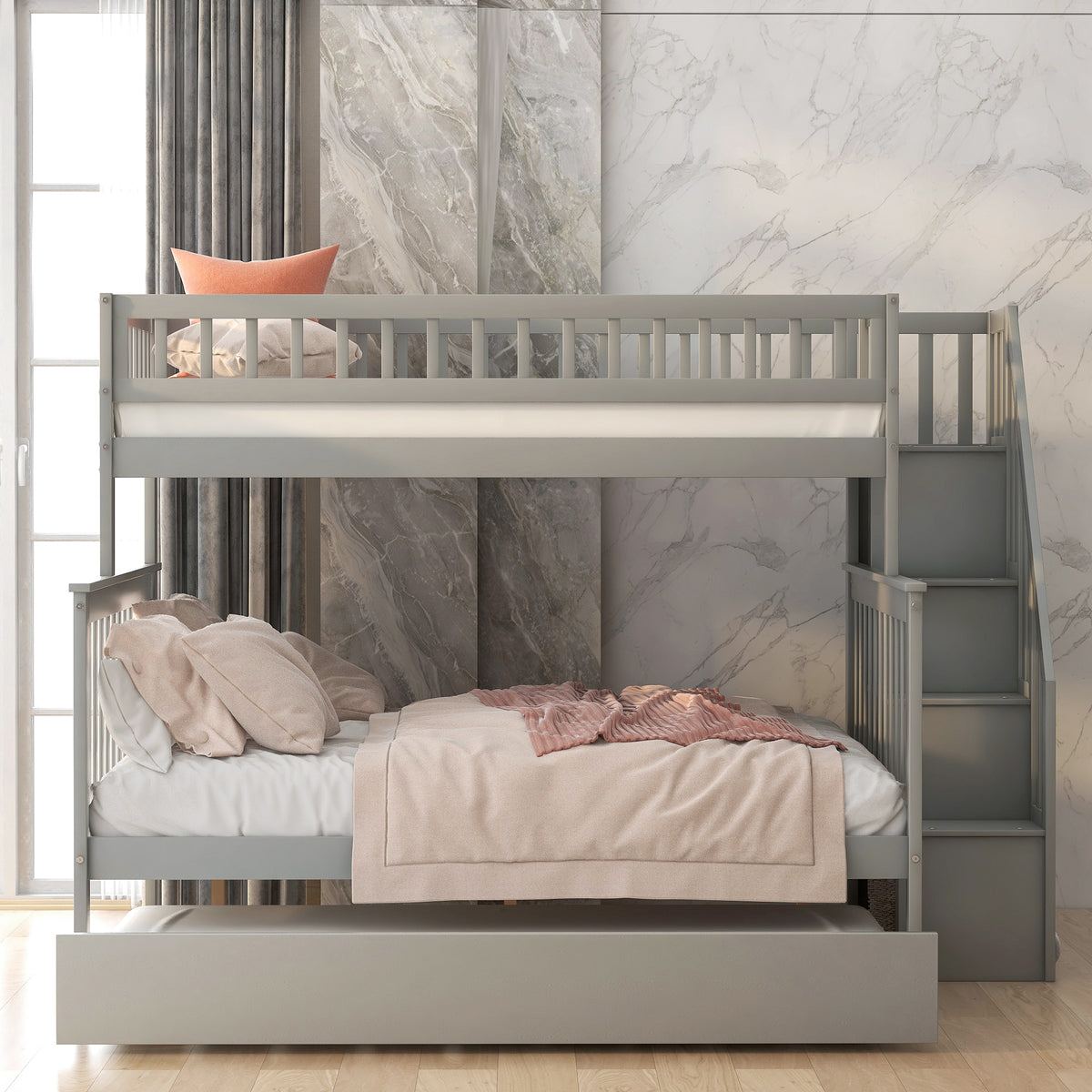 Twin Over Full Bunk Bed with Trundle Gray