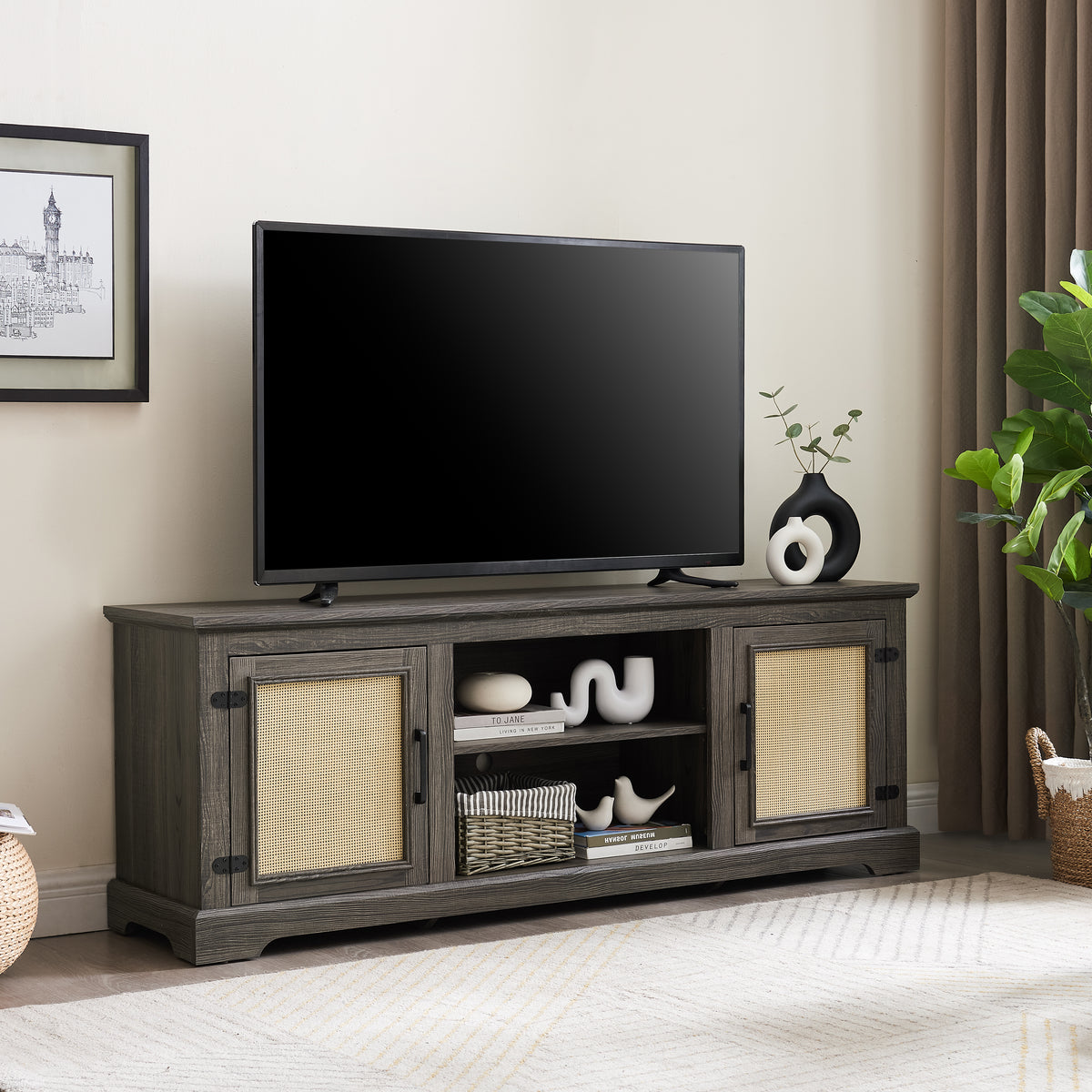 Rattan TV Stand Gray