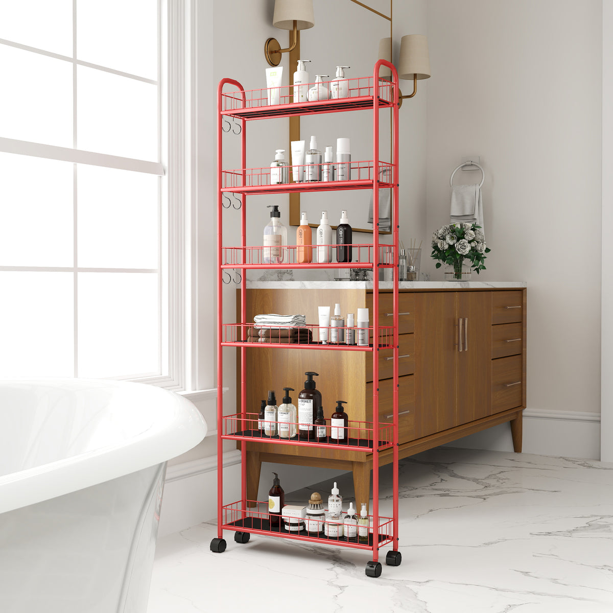 6-Tier Rolling Utility Cart – Red