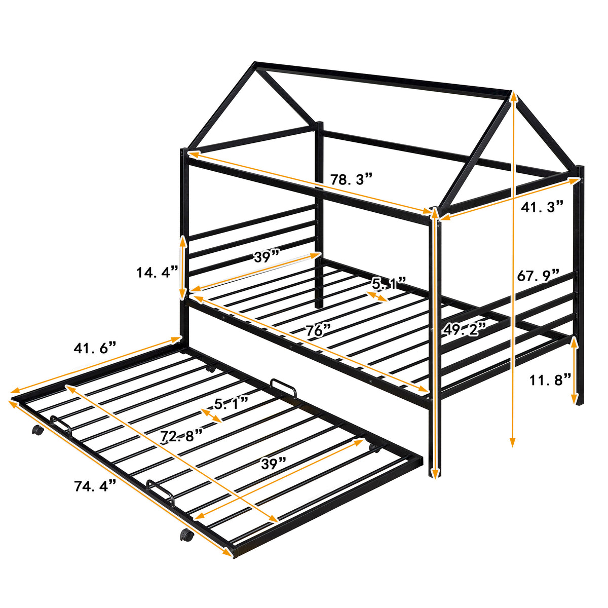 Metal House Platform Bed with Trundle Black