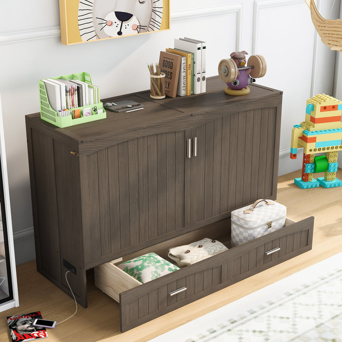 Queen Murphy Bed with Built-In Charging Station – Beige